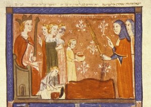 Blodpest, den første av de ti plagene i Egypt, illustrasjon fra Sarajevo Haggadah av Spanish School