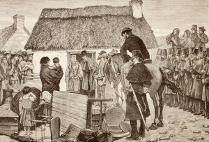 Fattige leietakere blir kastet ut av hjemmene sine under krisen i Irish National Land League, fra #39;La Ilustracion Espanola y Americana#39; fra 1881 (lito)