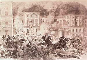 Populistiske opprør i Madrid, The Rioters prøver å sette fyr på palasset til dronning Maria Christina i 1854 (litho) av Spanish School