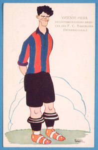 Postkort som viser en karikatur av den spanske fotballspilleren Vicente Piera fra Barcelona av Spanish School