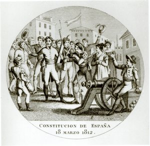 Proklamasjon av den liberale grunnloven av 18. mars 1812, av patriotene, kunngjort i Cadiz av Cortes av Spanish School