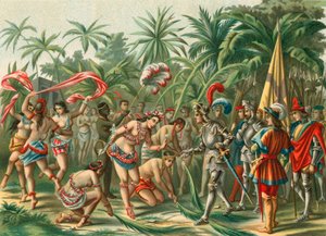 Mottak fra Anacaona, kalt Golden Flower, på Hispaniola for Bartholomew Columbus og Hermano del Almirante av Spanish School