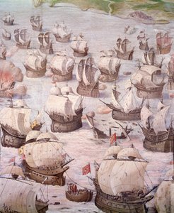 Regatta av spanske galjoner under en ekspedisjon til Acores i 1582 under Filip II (1527-1598), konge av Spania. freskomaleri fra 1500-tallet. Hall of Battles, Palace of the Escorial, Madrid. av Spanish School