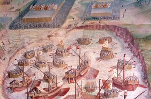 Regatta av spanske galjoner under en ekspedisjon til Acores i 1582 under Filip II (1527-1598), konge av Spania. freskomaleri fra 1500-tallet. Hall of Battles, Palace of the Escorial, Madrid. av Spanish School
