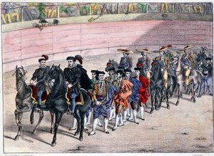 Utgivelse av kvadrille, corrida i Spania, litografi sd. 1800-tallet av Spanish School