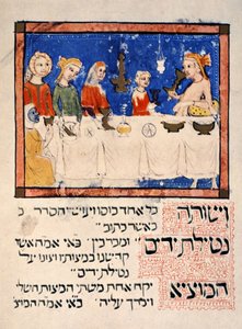 Reproduksjon av påskemåltidet, fra Sarajevo Haggadah av Spanish School