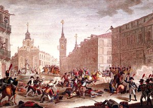 Opptøyer mot napoleonske tropper, Madrid, mai 1808 (fargegravering) av Spanish School