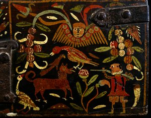 Scene som skildrer spanske jeger og indiske motiver, detaljer fra malt trestamme, kolonialtid, spansk opprinnelse, Bolivia av Spanish School