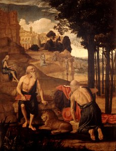 Scener fra livet til St. Hieronymus; St. Frans i ekstase med bror Leo av Spanish School