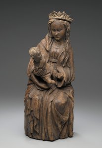 Sittende figur av jomfruen som holder Kristusbarnet (tre)