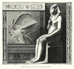 Sittende statue og relieff av den gamle egyptiske faraoen Akhenaten (Amenhotep IV) (litho) av Spanish School