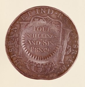 Sølvmynt (8 realer) fra Spania: Karl IIIs regjeringstid (1759-1788). 1777 med motmerke av 1787. Diam. 3,9 cm Napoli, museo archeologico av Spanish School