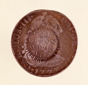 Sølvmynt (8 realer) fra Spania: Karl IIIs regjeringstid (1759-1788). 1777 med motmerke av 1787. Diam. 3,9 cm Napoli, museo archeologico av Spanish School