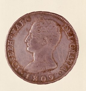 Sølvmynt (douro eller piastra) fra Spania: Joseph Napoleons regjeringstid (1808-1813). 1809 Diam. 4 cm Napoli, museo archeologico av Spanish School