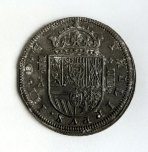 Sølvkronemynt av fire reale fra regjeringen til Filip III av Spania og Portugal (1578-1621) (sølv) av Spanish School