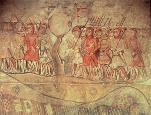 Soldater fra hæren til kong James I (1208-76) en gruppe fotsoldater med buer og lanser, detalj fra et veggmaleri fra det tidligere Palacio Reale, Barcelona (veggmaleri) av Spanish School