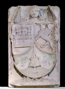 Spansk lapp fra 1300-tallet: våpenskjold fra Castilla og Leon, stokken til pelerin evoque Saint Jacques de Compostela, bevart i cistercienserklosteret Fontenay, Burgund (våpenskjoldet til Castilla og León, Spania av Spanish School