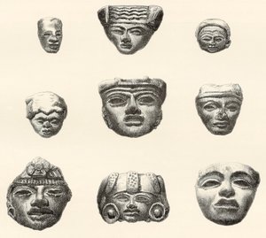 Steinhoder og masker funnet i Teotihuacan, Mexico av Desiré Charnay under hans ekspedisjon i 18801883 av Spanish School