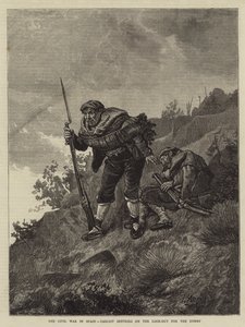 Borgerkrigen i Spania, Carlist Sentries på utkikk etter fienden (gravering) av Spanish School