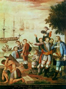 Erobringen av Mexico: Diego Velasquez de Cuellar (1465-1524) velger Hernando Cortes (1485-1547) som general for Armadaen og gir ham kommando (olje på lerret) av Spanish School