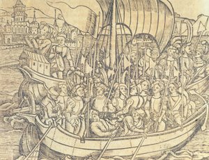 The Discovery of the New World av Chrisopher Columbus (1450-1596) illustrasjon fra 