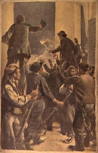 Proklamasjonen av det revolusjonære råd i rådhuset i Barcelona, 29. september 1868 (akvarell og blyant på papir) av Spanish School