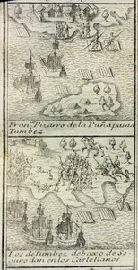 Ankomsten av Francisco Pizarro med 180 mann og tre skip til Tumbes av Spanish School