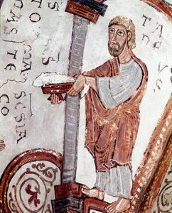 Månedens syklus: en tjener som ofrer fisk. Detalj av en freske fra 1100-tallet fra Royal Pantheon of the Real Colegiata of San Isidoro (Royal Collegiale of Saint Isidore). Leon. Spania av Spanish School