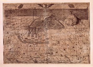 Opphevelsen av Catalonia eller høsternes krig (1640-1659), Barcelonas hovedkvarter til sjøs og land av troppene til Filip IV av Spania (1605-1665). Gravering 1652. Byhistorisk museum, Barcelona. av Spanish School