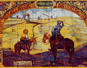 Fliser som viser Don Quixote og Sancho Panza som forbereder seg på å angripe vindmøllene (keramikk) av Spanish School
