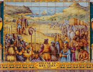 Fliser som viser landstigningen til Hamilcar og sønnen Hannibal ved Akra Leuce under den første puniske krigen (264–241 f.Kr.) (keramikk) av Spanish School