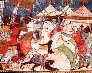 Trojanske krig: Trojanere invaderer militærleiren til greske krigere. Detalj av en miniatyr fra det spanske manuskriptet "Codex Benito de Santa Mora"" av Spanish School