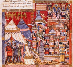 Trojan War: byen Troja og den greske leiren. Detalj av en miniatyr fra det spanske manuskriptet "Codex Benito de Santa Mora"" av Spanish School