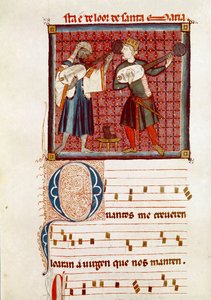 To musikere, en maurisk og den andre er spansk kristen. Detalj av en side hentet fra et manuskript av Sangen om Saint Mary av Spanish School