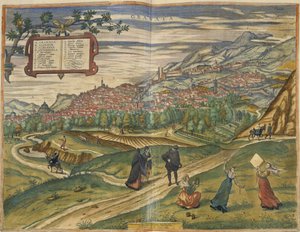 Utsikt over Granada (håndfarget gravering) av Spanish School