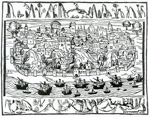 Utsikt over Lisboa fra Book of Greatness and Memorable Things of Spain av Pedro Medina, 1548 av Spanish School