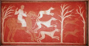 jaktscene som viser hunder som løper etter spill. 1150. Freske fra eremitasjen til Baudelio de Berlanga, Soria. Bevare på Prado-museet. av Spanish School
