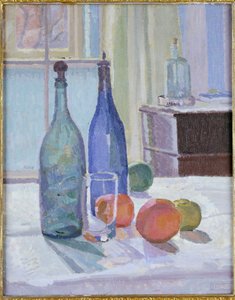 Blå og grønne flasker og appelsiner av Spencer Frederick Gore