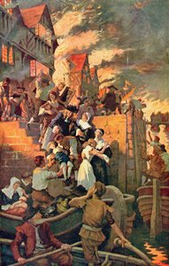 The Great Fire of London i 1666, illustrasjon fra Hutchinsons 'The Story of the British Nation', ca. 1920 (farge litho) av Stanhope Alexander Forbes