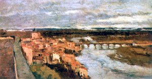 Landskap med landsby og bro, c1855-1892 av Stanislas Lepine