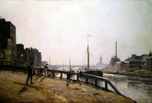 Kanalscene (olje på lerret) av Stanislas Victor Edouard Lepine