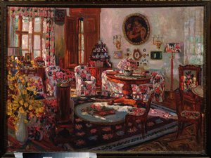 Interiøret i Brasovo herskapshus. Maleri av Stanislav Yulianovich Zhukovsky (Joukovski) (1873-1944), olje på lerret av Stanislav Joulianovitch Joukovski