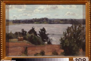Ved bredden av innsjøen. Verk av Stanislav Yulianovich Zhukovsky (Zhukovsky) (1873-1944), olje på papp av Stanislav Joulianovitch Joukovski