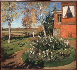 Et blomsterbed. (Foran et hus og et landlig landskap). Maleri av Stanislav Yulianovich Zhukovsky (Zhukovsky) (1873-1944), olje på lerret