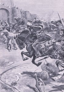 Den 16. Lancers and Skinners-hesten som driver Jats inn i Bharatpur; Desember 1825, illustrasjon fra British Battles on Land and Sea, 1915 av Stanley L. Wood