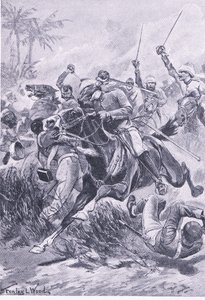 Frivillig kavaleri utenfor Lucknow, 30. juni 1857, illustrasjon fra British Battles on Land and Sea, 1915 av Stanley L. Wood