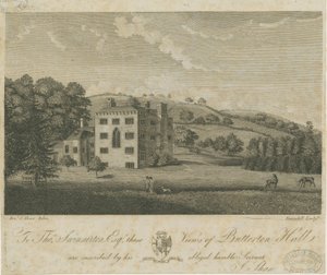Butterton Hall: gravering, og [1700-tallet] av Stebbing Shaw