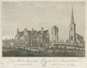 Hamstall Ridware - kirke og herregård: gravering, nd [1762-1802] av Stebbing Shaw