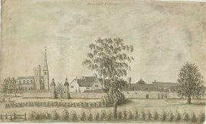 Hamstall Ridware - kirke og herregård: vannfargemaleri, nd [1762-1802] av Stebbing Shaw
