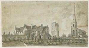 Hamstall Ridware - kirke og herregård: vannfargemaleri, nd [1762-1802] av Stebbing Shaw